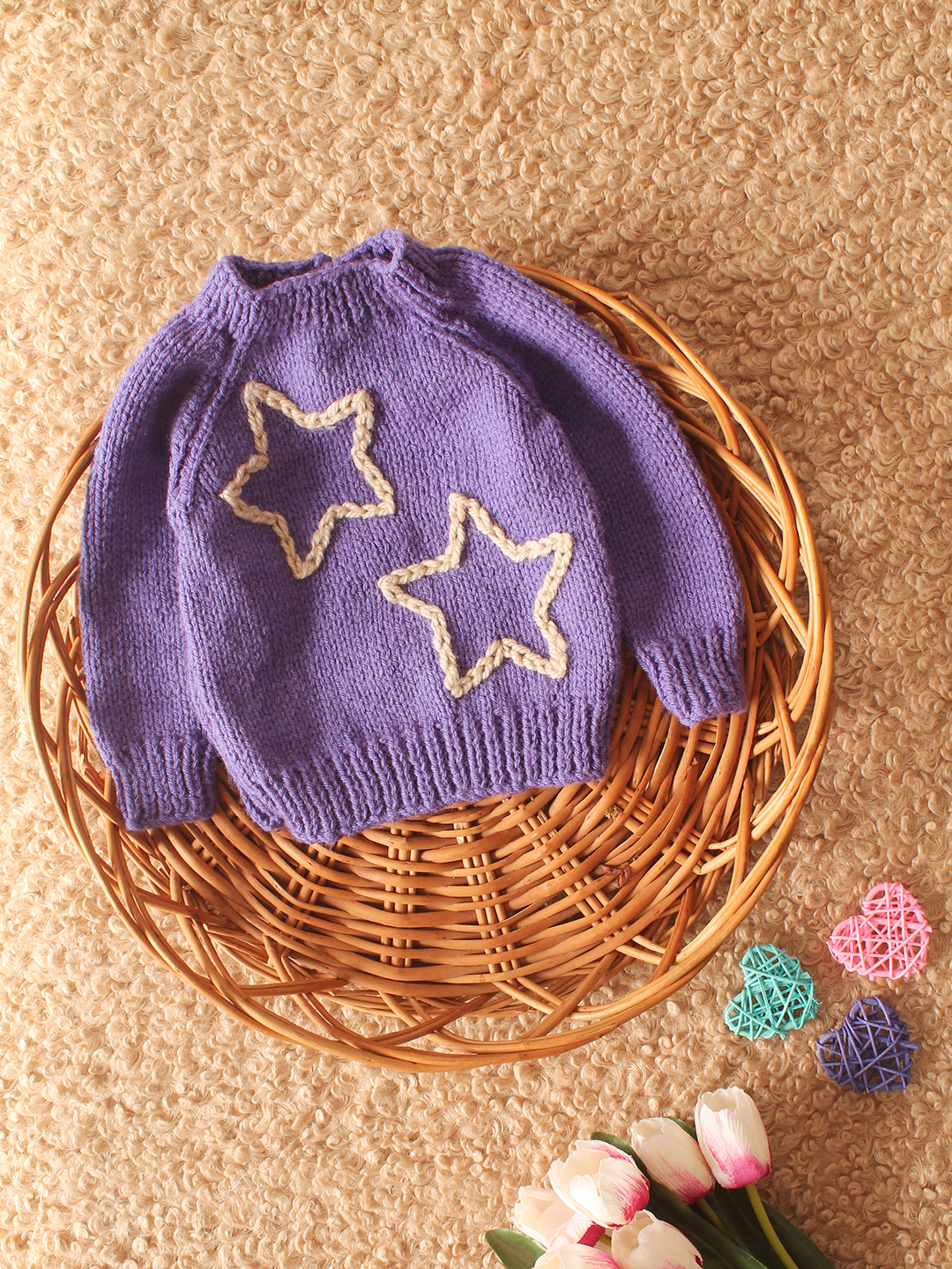 Woonie Handknitted Star Embroidered Pullover-Purple