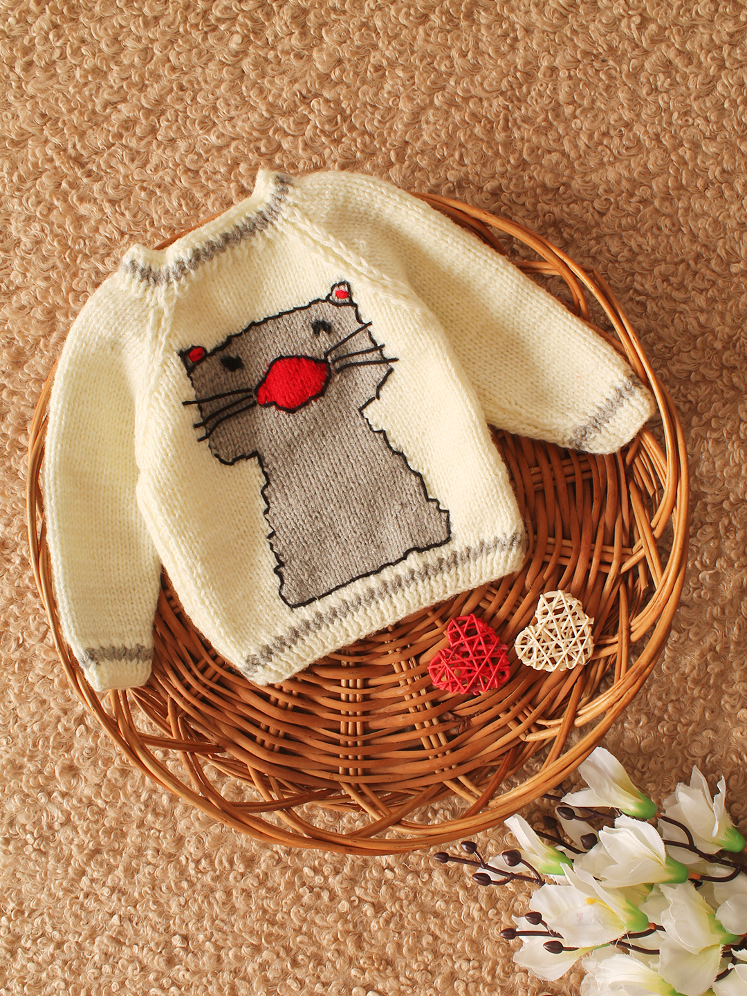 Woonie Handknitted intarsia Cat Design Pullover-Cream