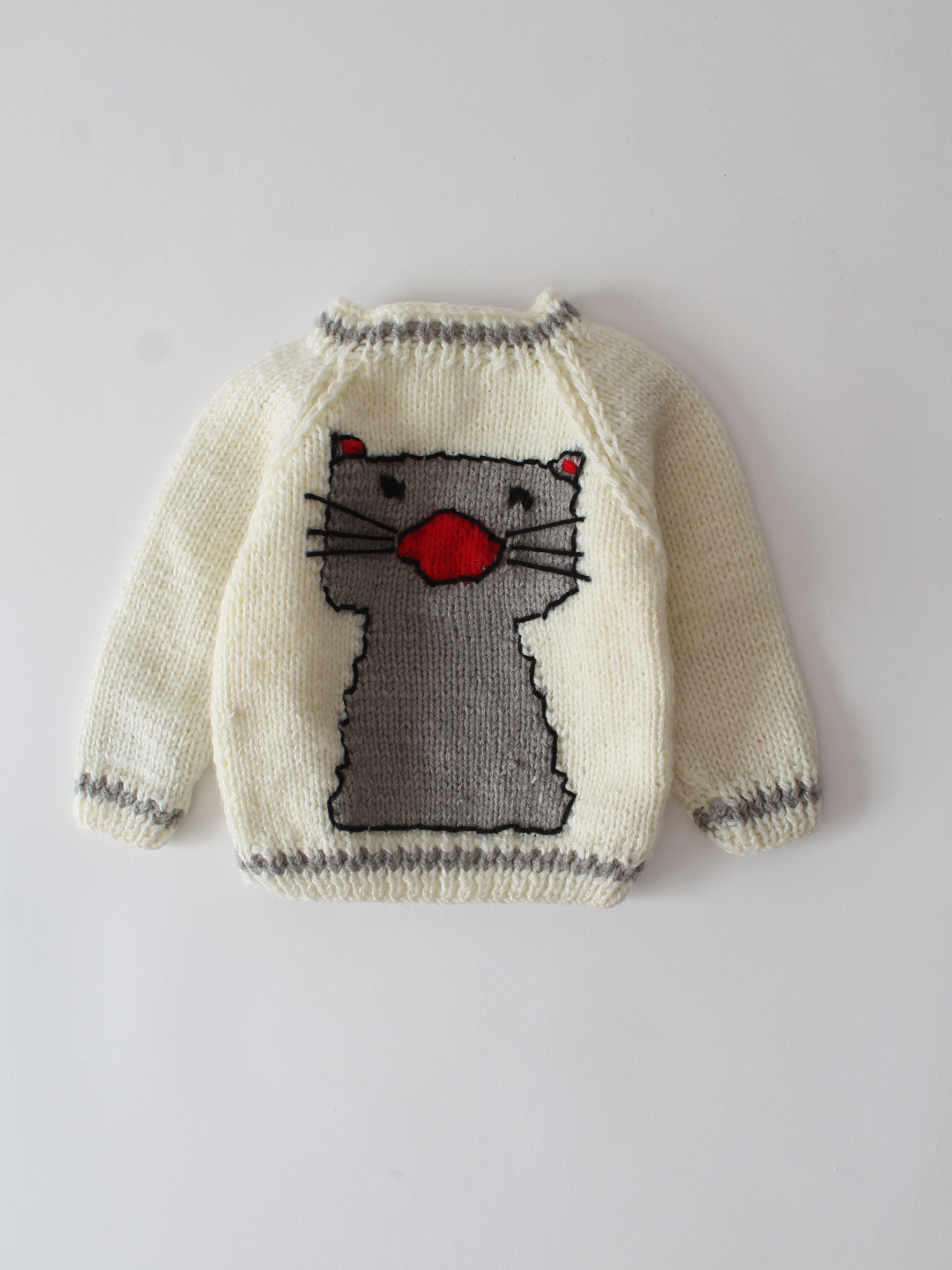 Woonie Handknitted intarsia Cat Design Pullover-Cream