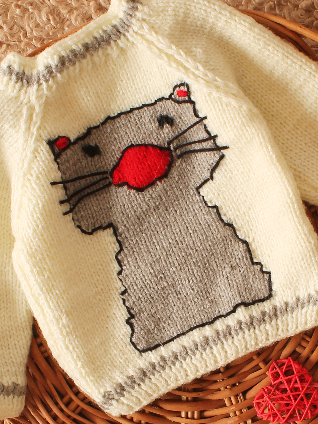Woonie Handknitted intarsia Cat Design Pullover-Cream