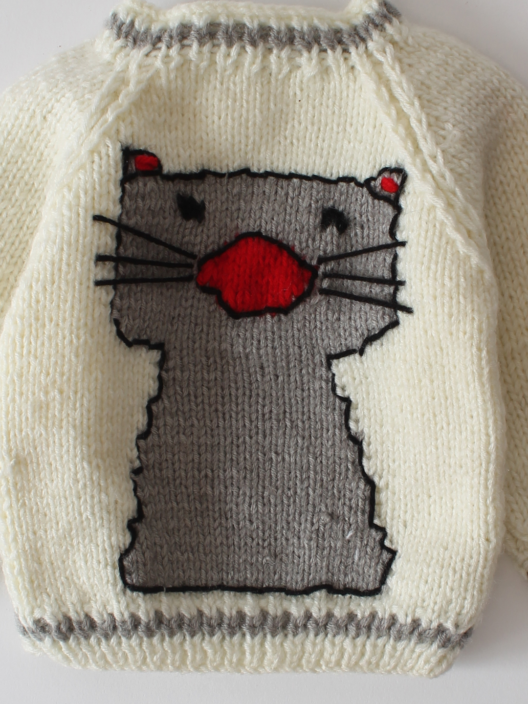 Woonie Handknitted intarsia Cat Design Pullover-Cream