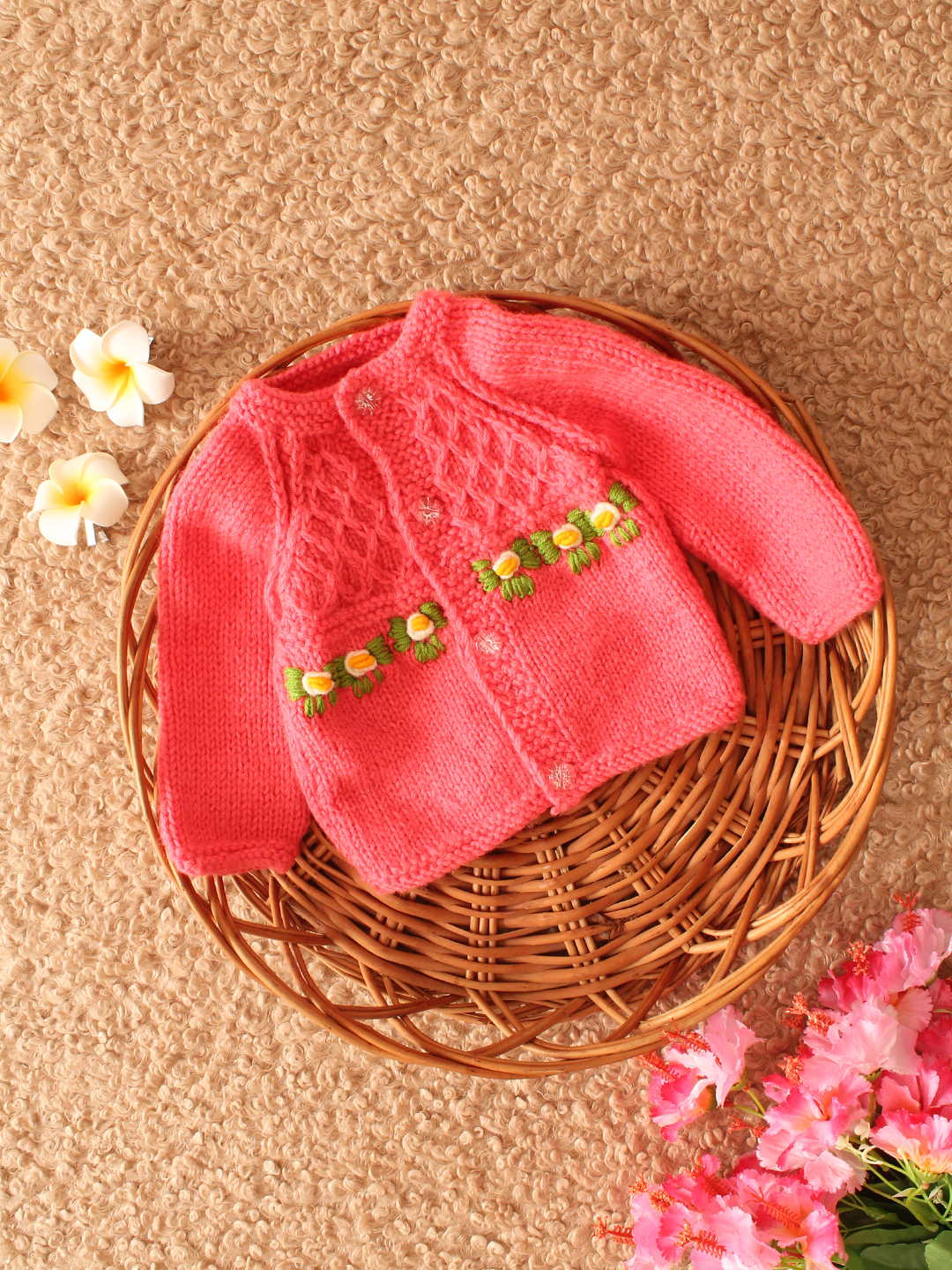 Woonie Handknitted Embroidered Cardigan- Pink