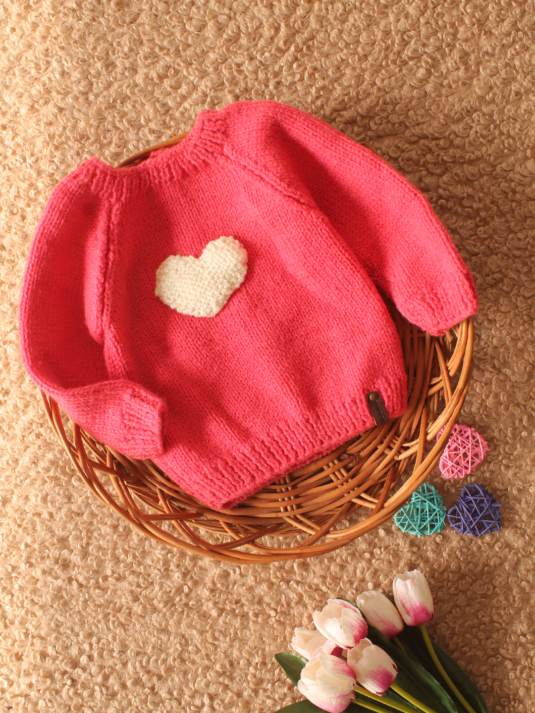 Woonie Handknitted Heart Applique Cardigan- Pink
