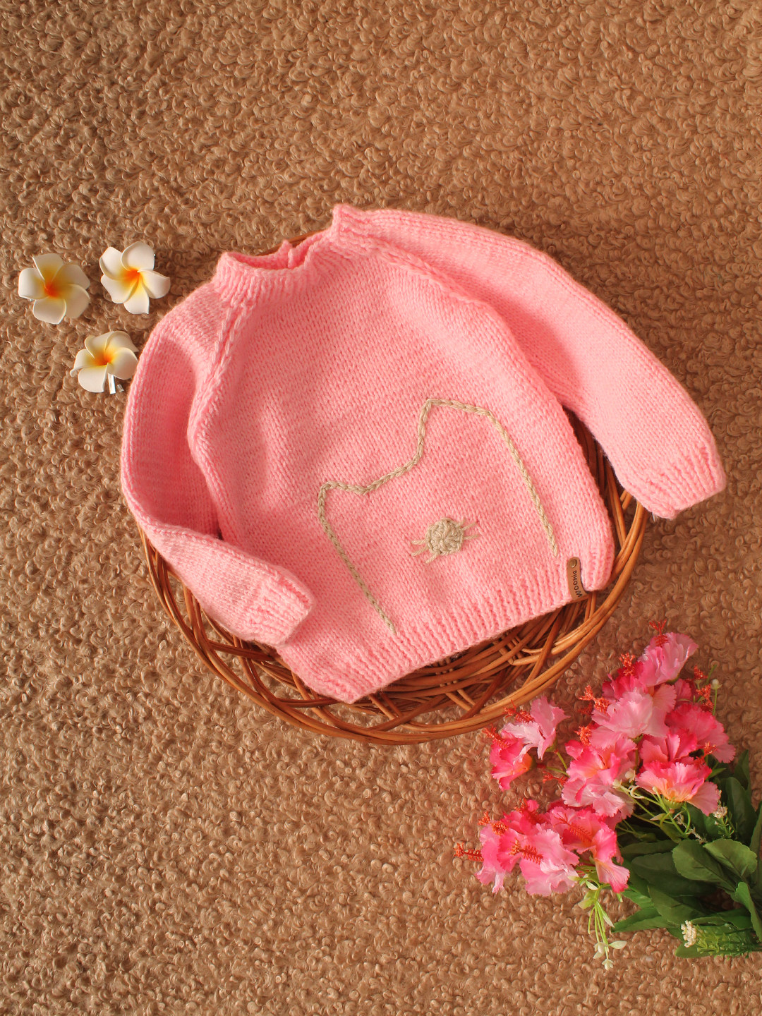 Woonie Handknitted Embroidered Cat Design Pullover-Pink