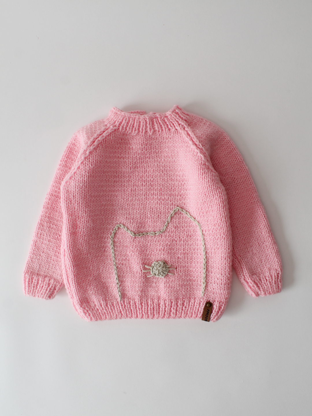 Woonie Handknitted Embroidered Cat Design Pullover-Pink