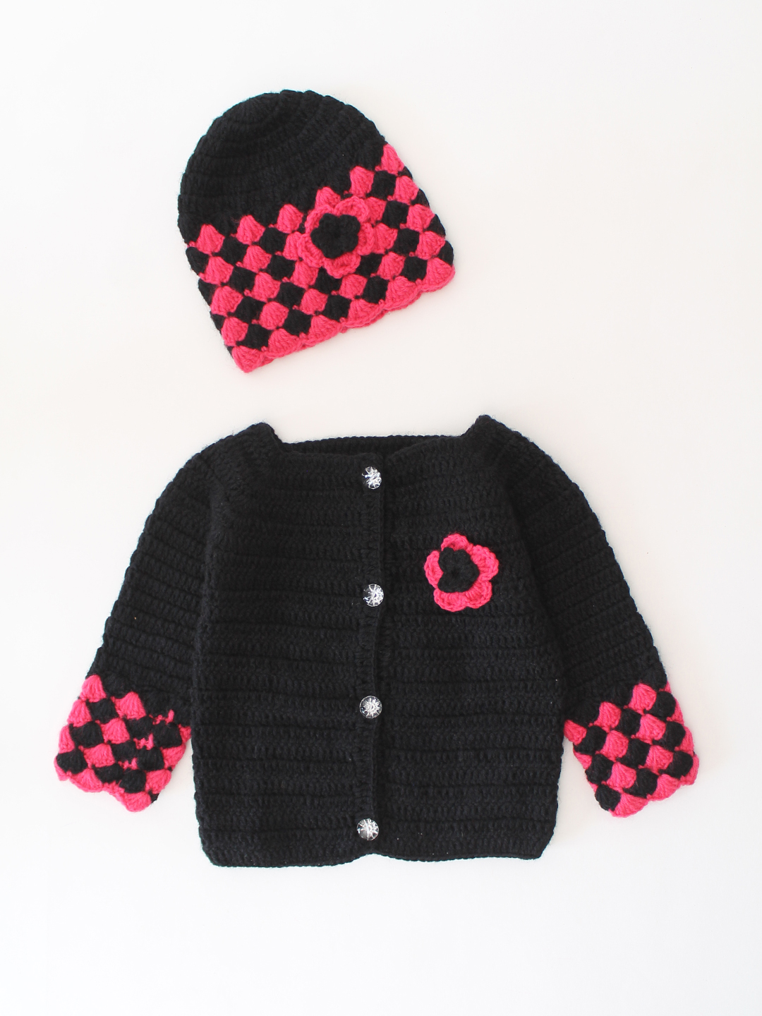 Woonie Crochet Front Openable Cardigan with Cap - Black