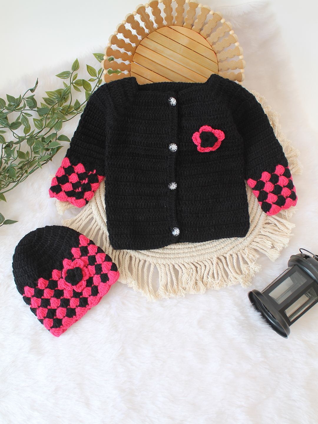 Woonie Crochet Front Openable Cardigan with Cap - Black