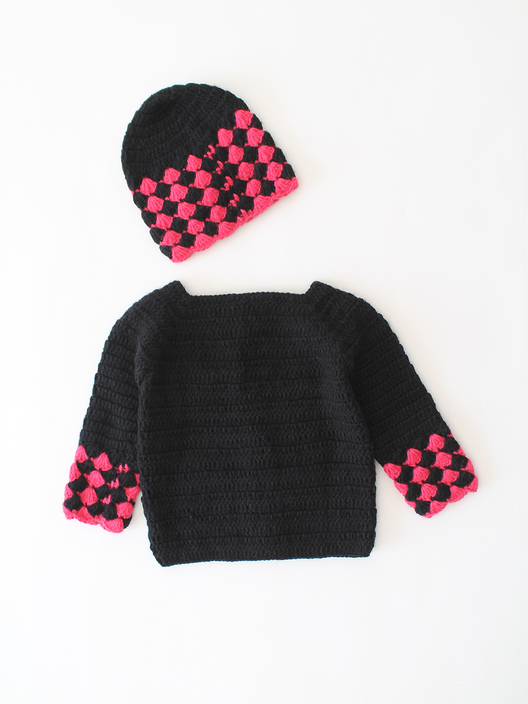 Woonie Crochet Front Openable Cardigan with Cap - Black