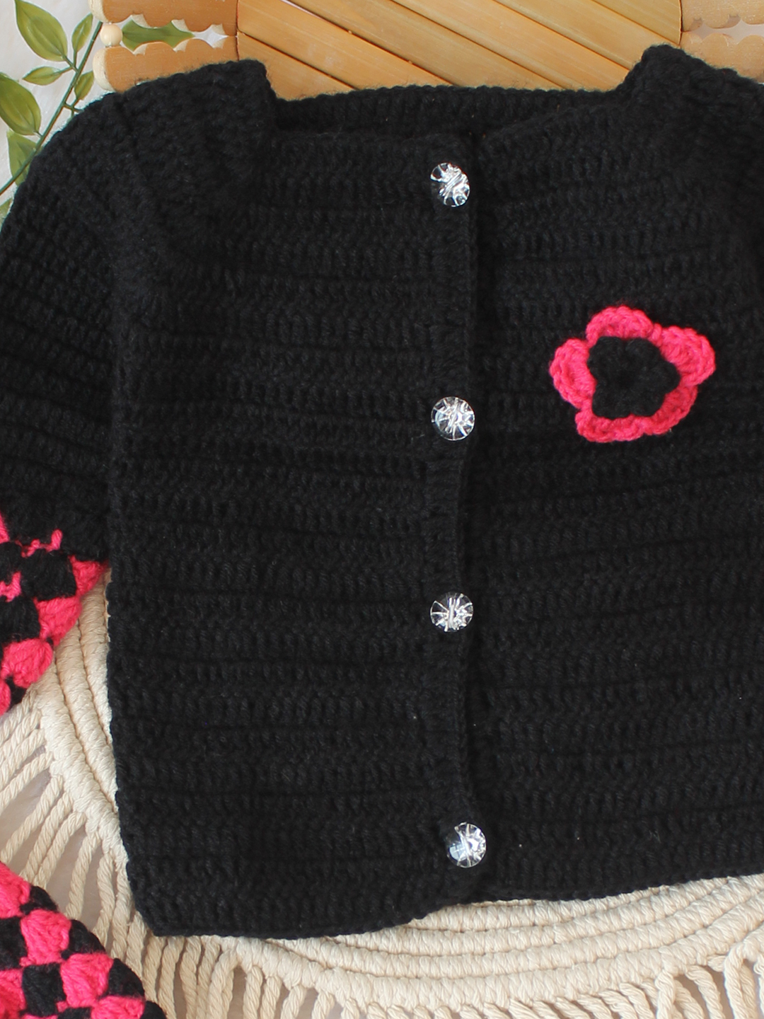 Woonie Crochet Front Openable Cardigan with Cap - Black