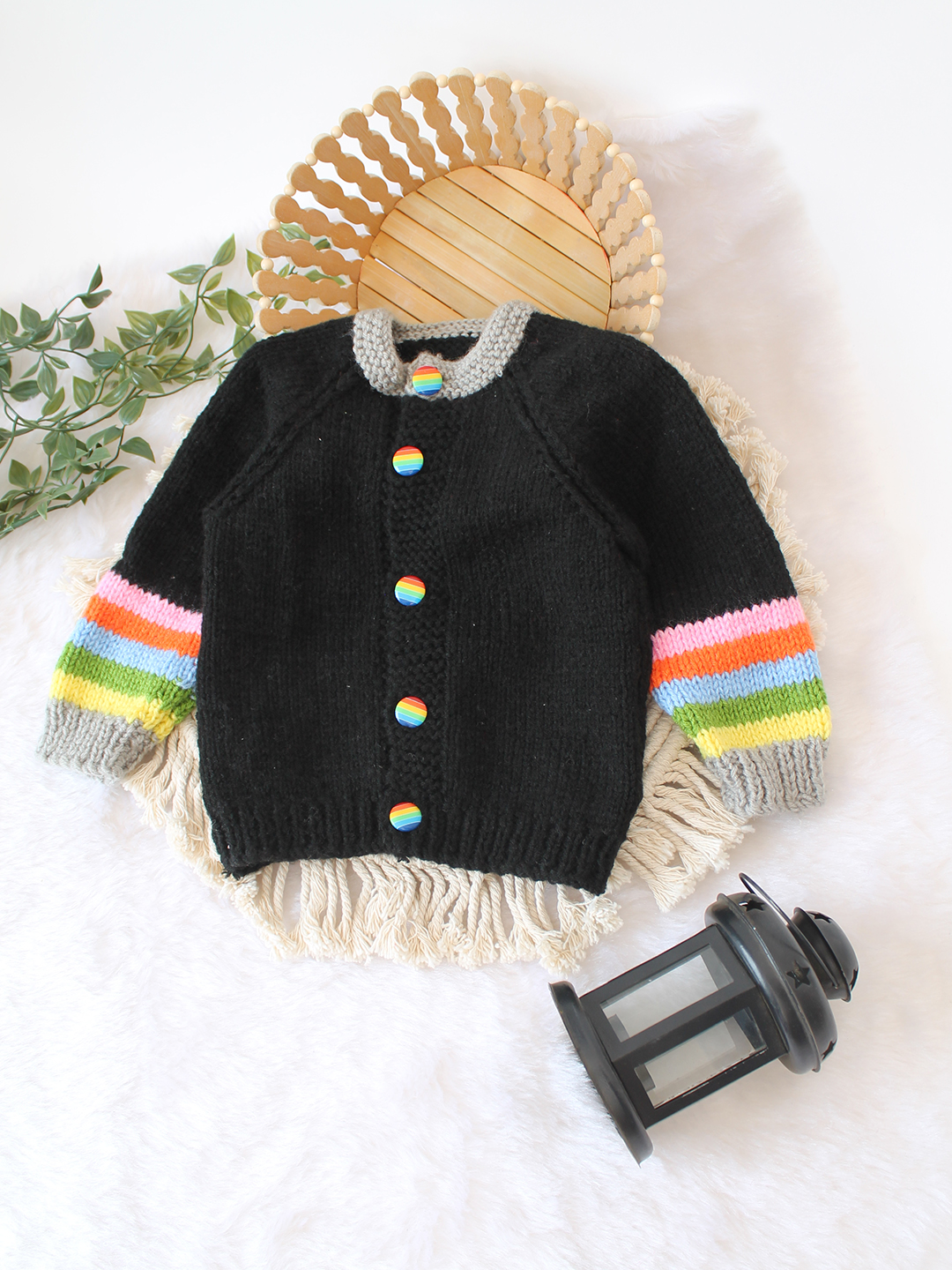 Woonie Handknitted Striped Sleeve Cardigan - Black