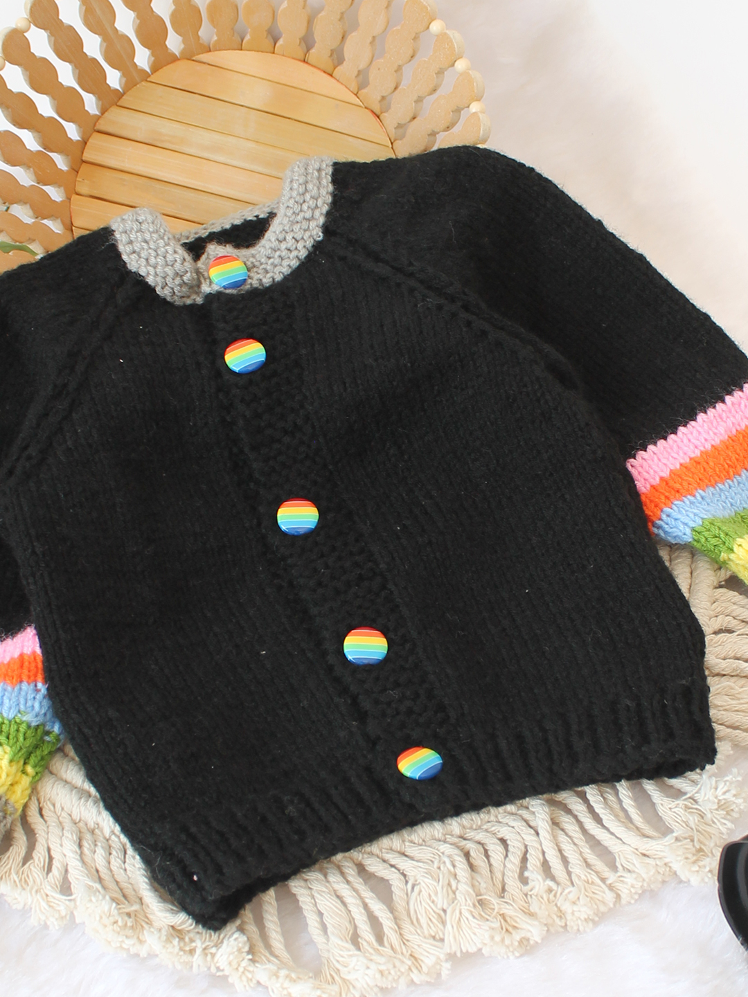 Woonie Handknitted Striped Sleeve Cardigan - Black