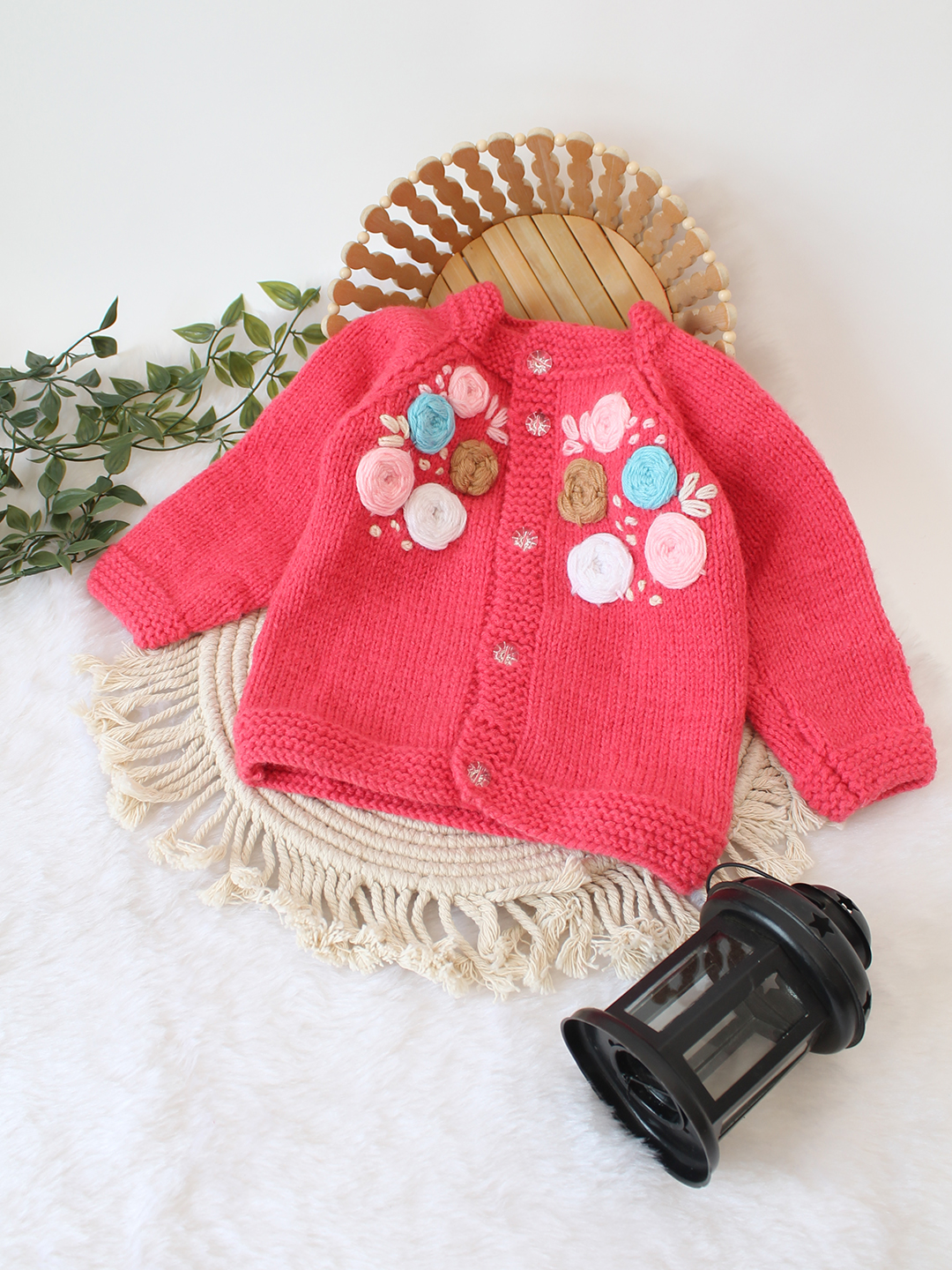 Woonie Handknitted Floral Embroidered Cardigan - Pink