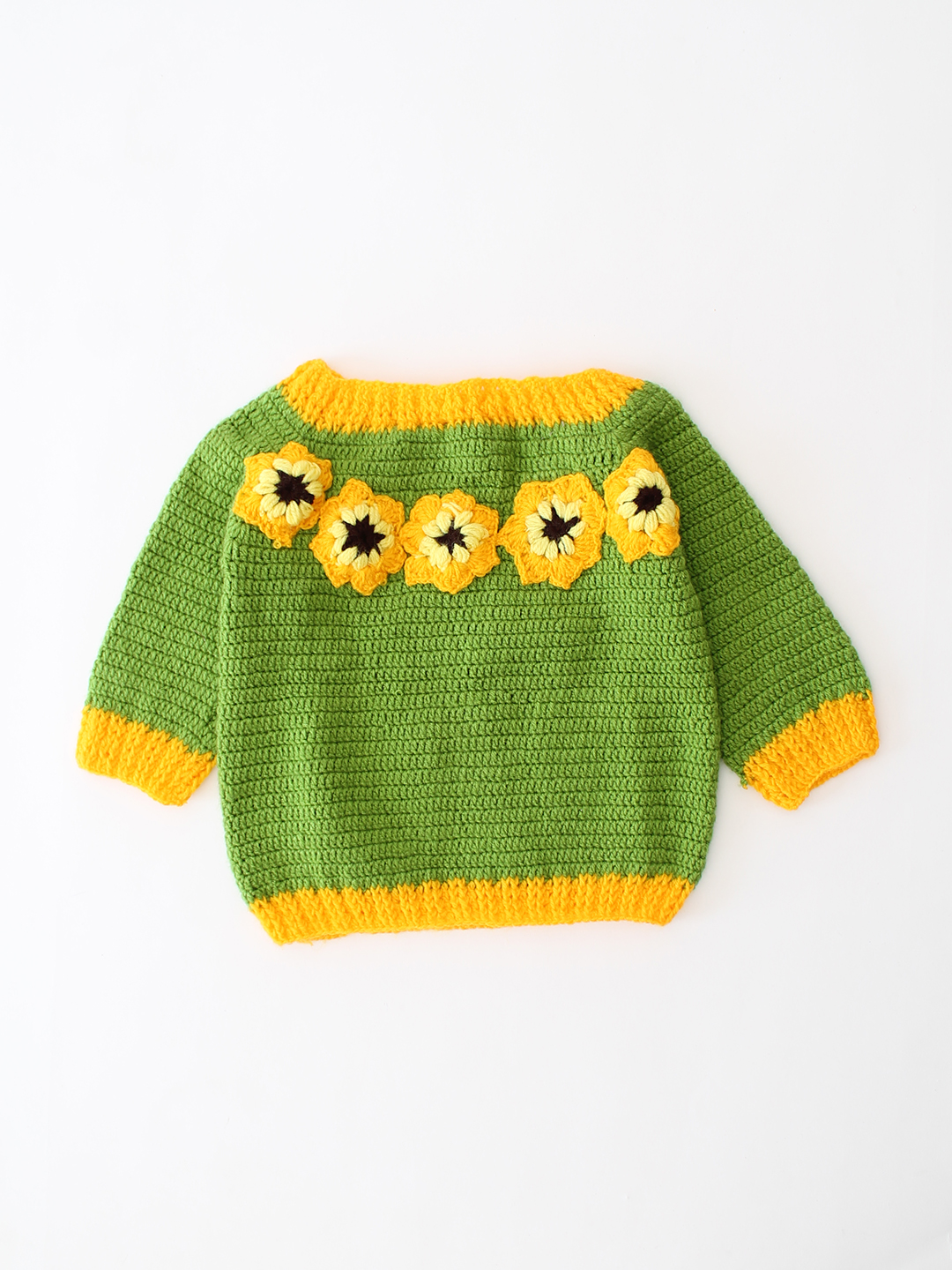 Woonie Handmade Crochet Sunflower Applique Sweater - Green
