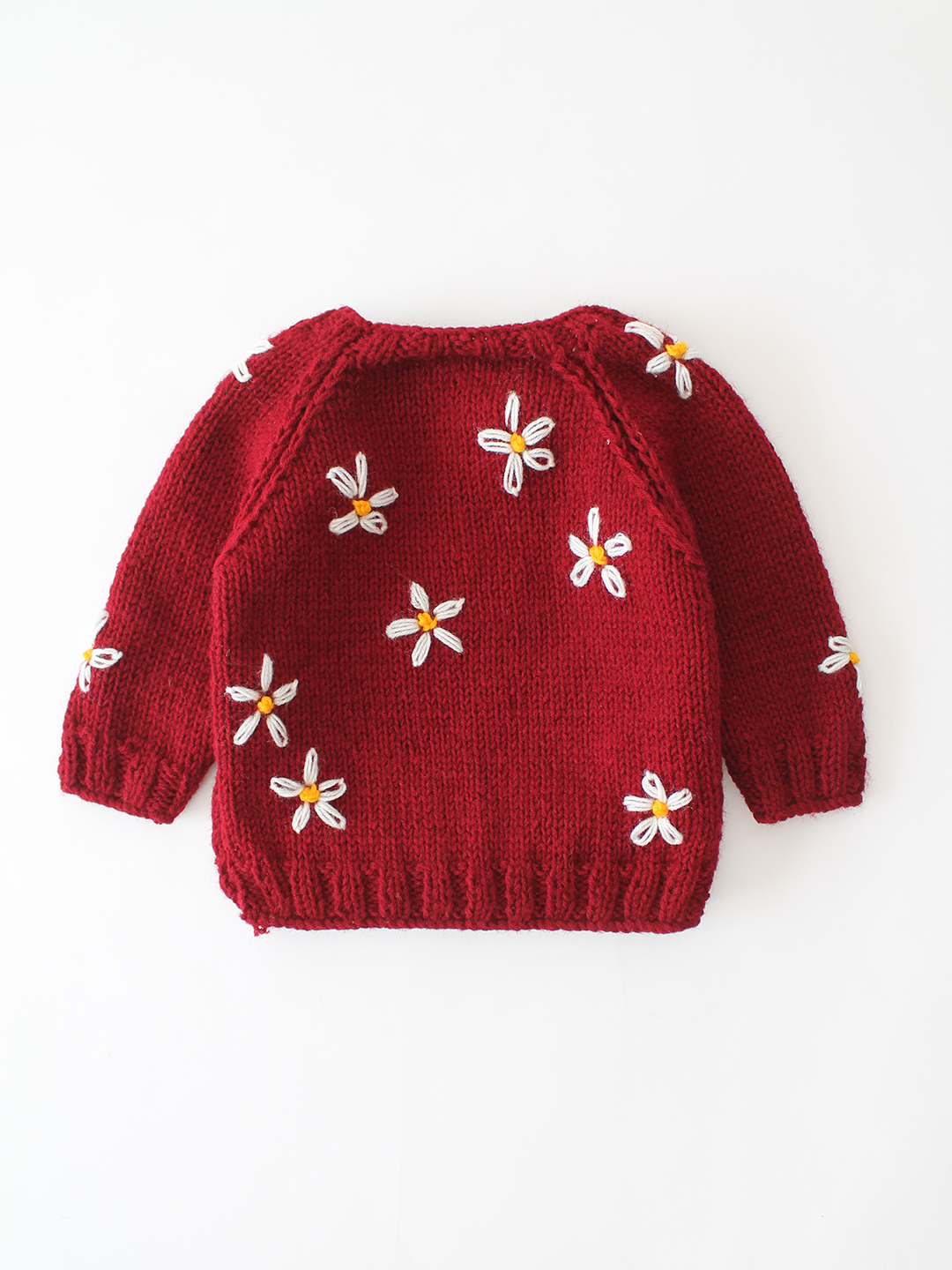Woonie Handknitted Daisy Embroidered Sweater - Maroon