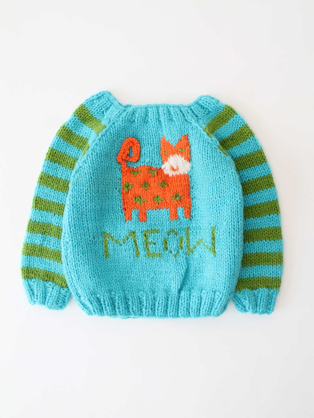Woonie Handknitted Intarsia Cat Sweater - Blue