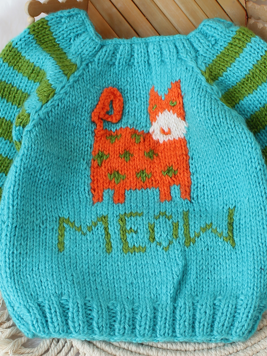 Woonie Handknitted Intarsia Cat Sweater - Blue