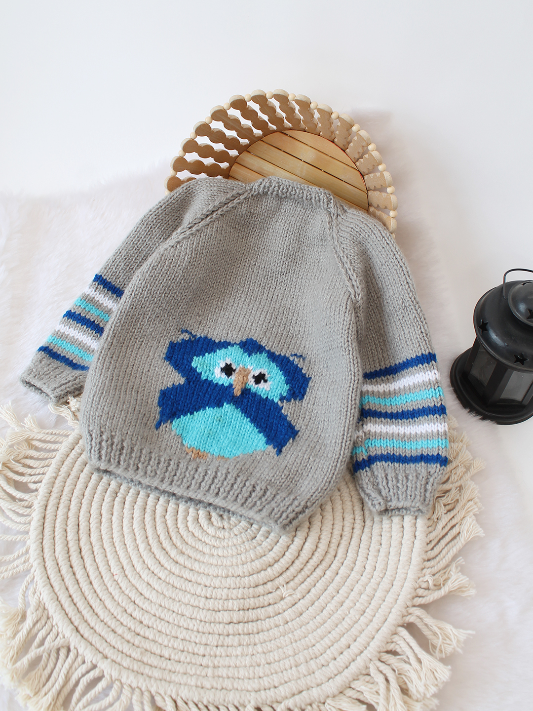 Woonie Handknitted Intarsia Owl Sweater - Grey