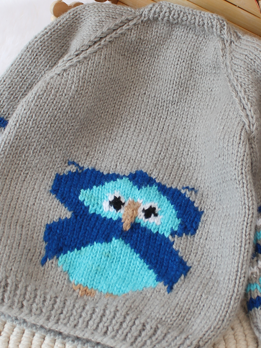 Woonie Handknitted Intarsia Owl Sweater - Grey