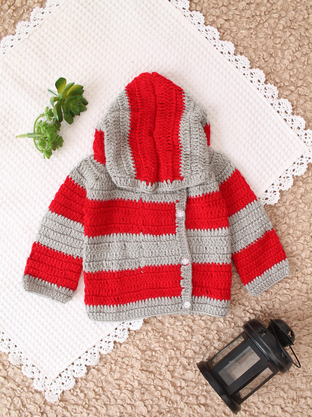 Woonie Crochet Stirped Hooded Sweater - Red