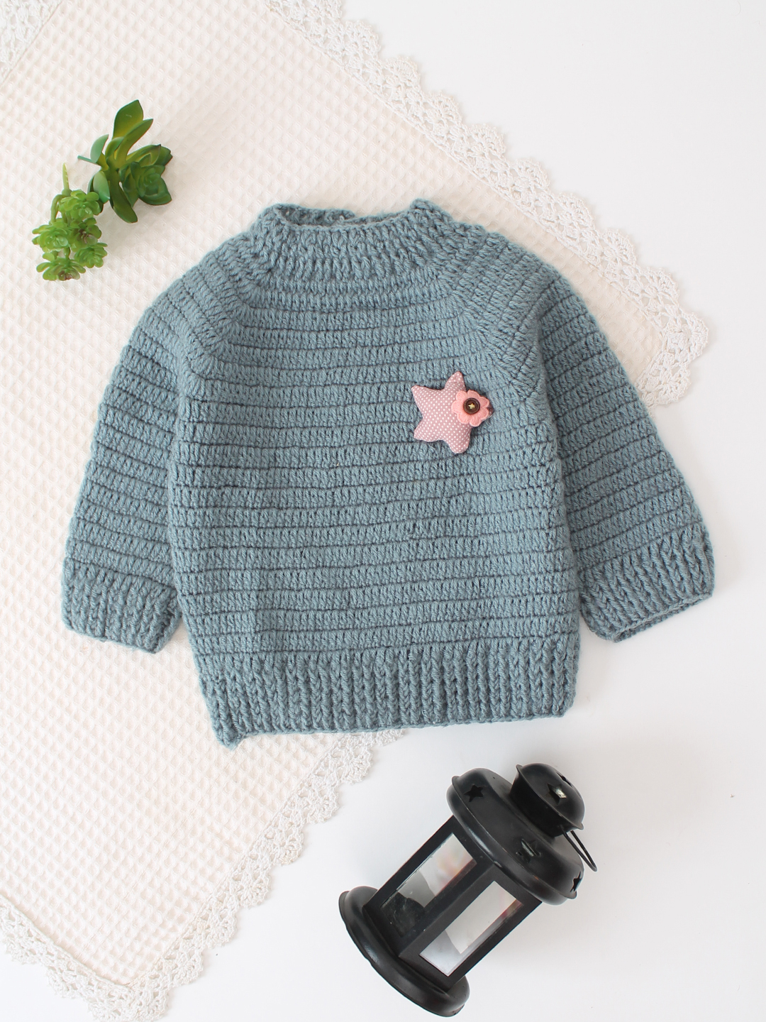 Woonie Crochet Star Applique Sweater - Grey