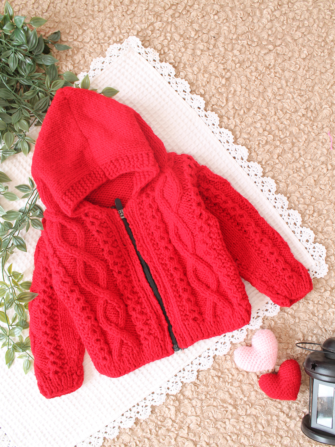 Woonie Handknitted Hooded Cable Design Sweater - Red