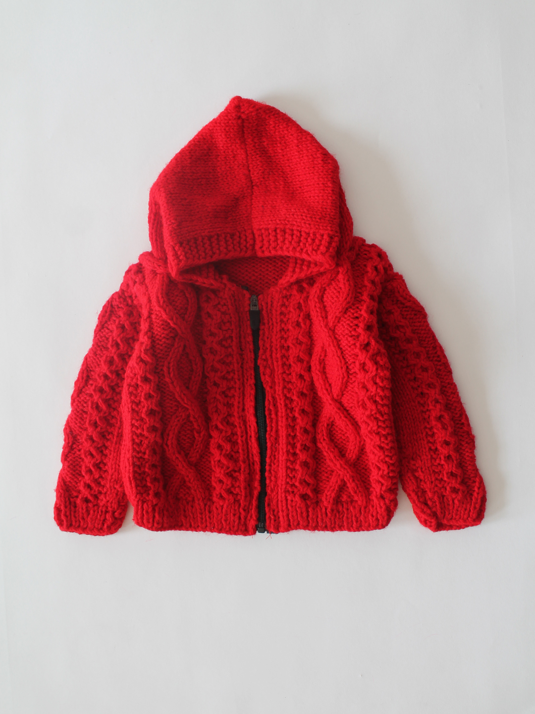 Woonie Handknitted Hooded Cable Design Sweater - Red