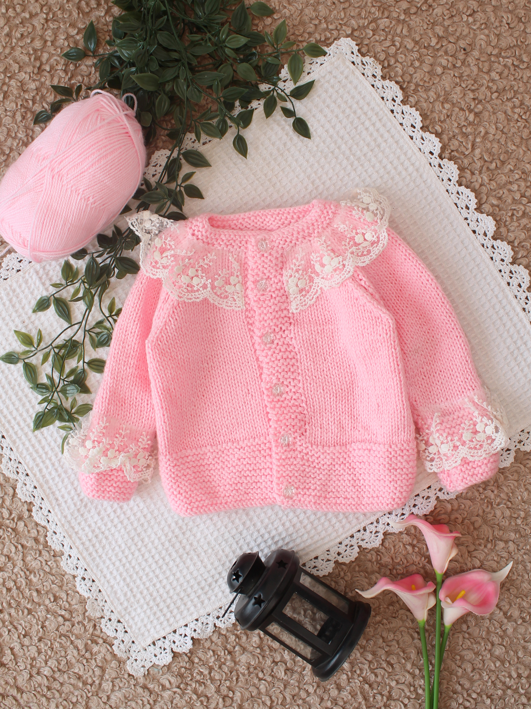 Woonie Handknitted Lace Detail Cardigan - Pink
