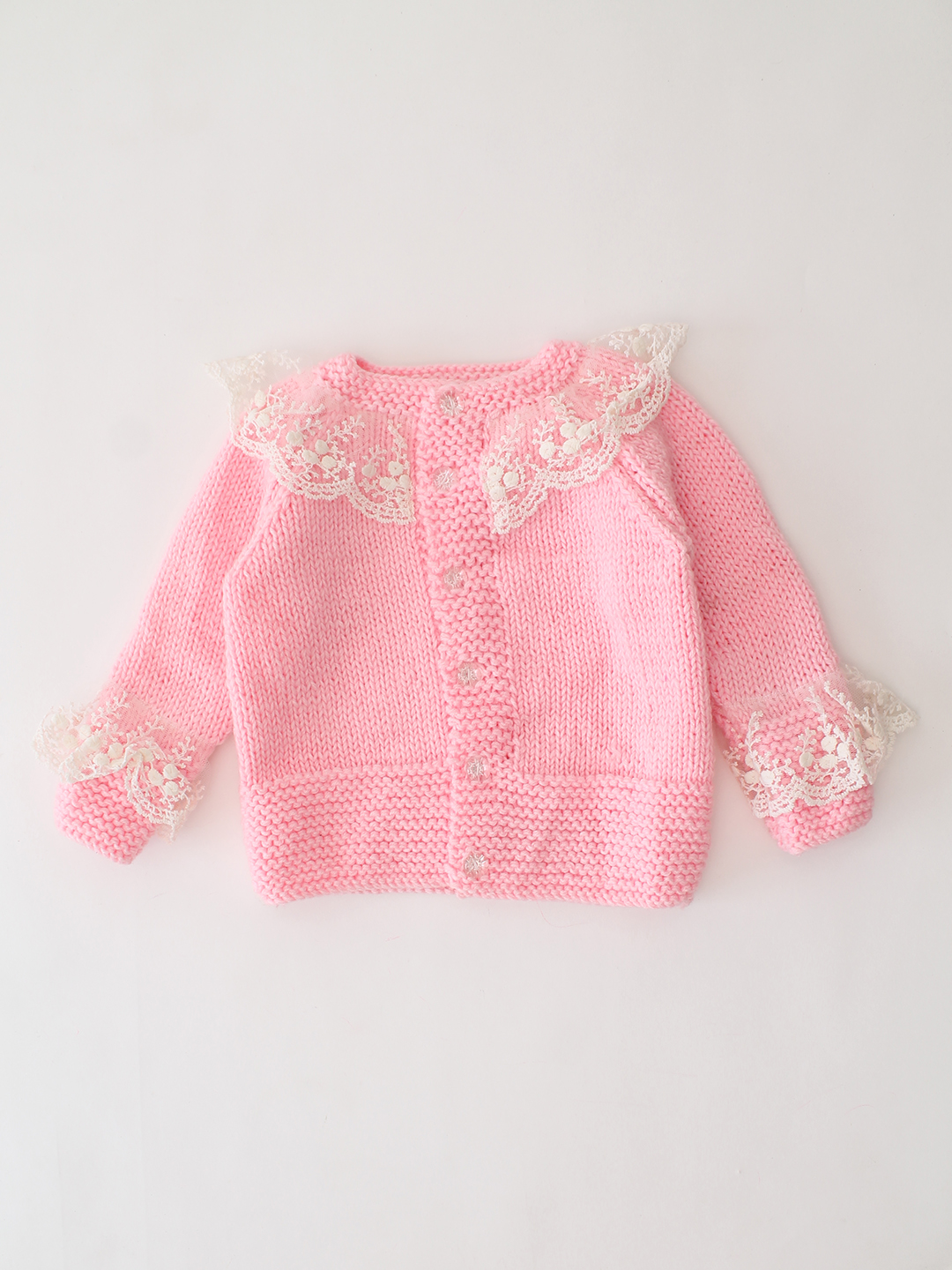 Woonie Handknitted Lace Detail Cardigan - Pink
