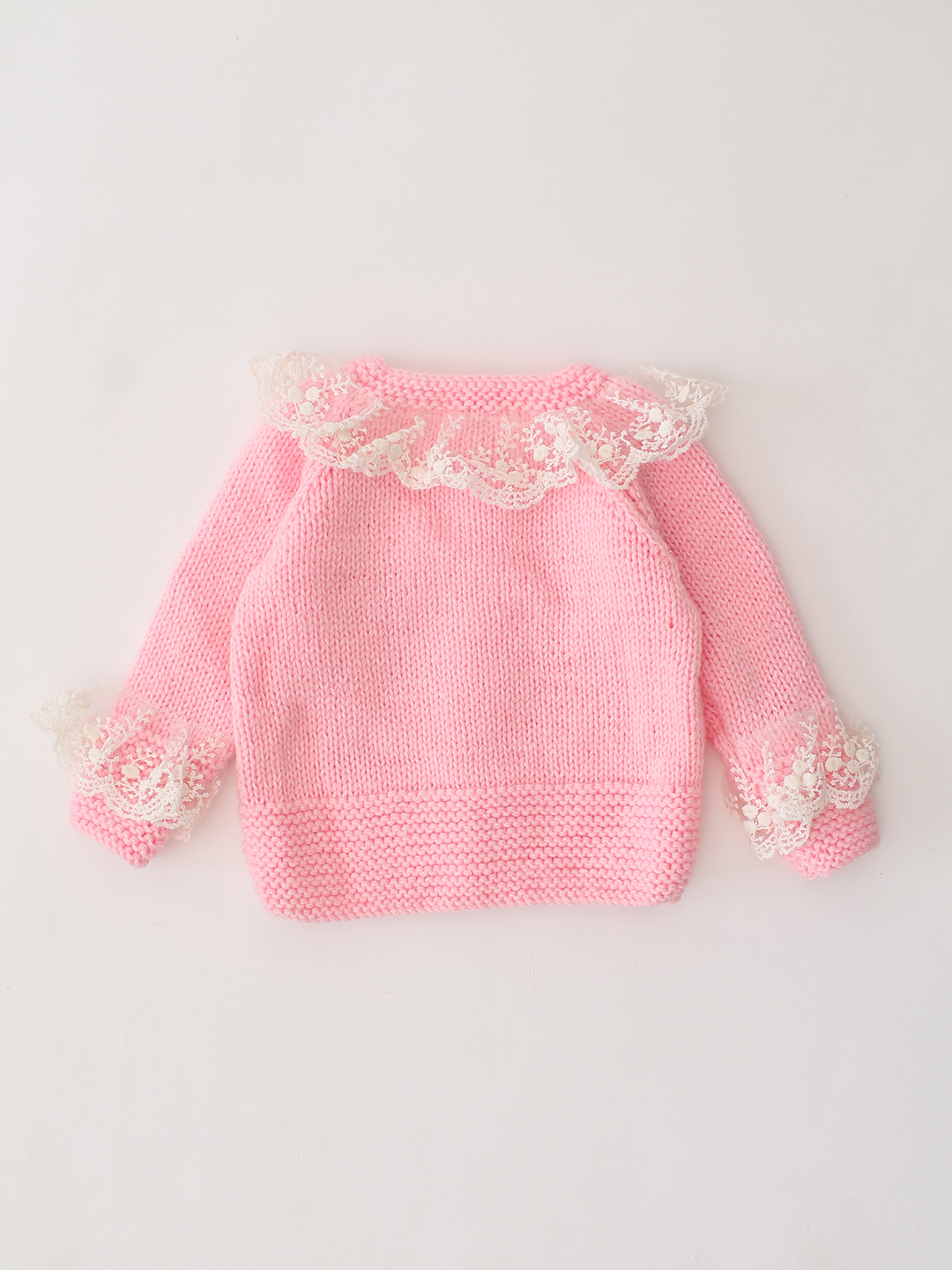 Woonie Handknitted Lace Detail Cardigan - Pink
