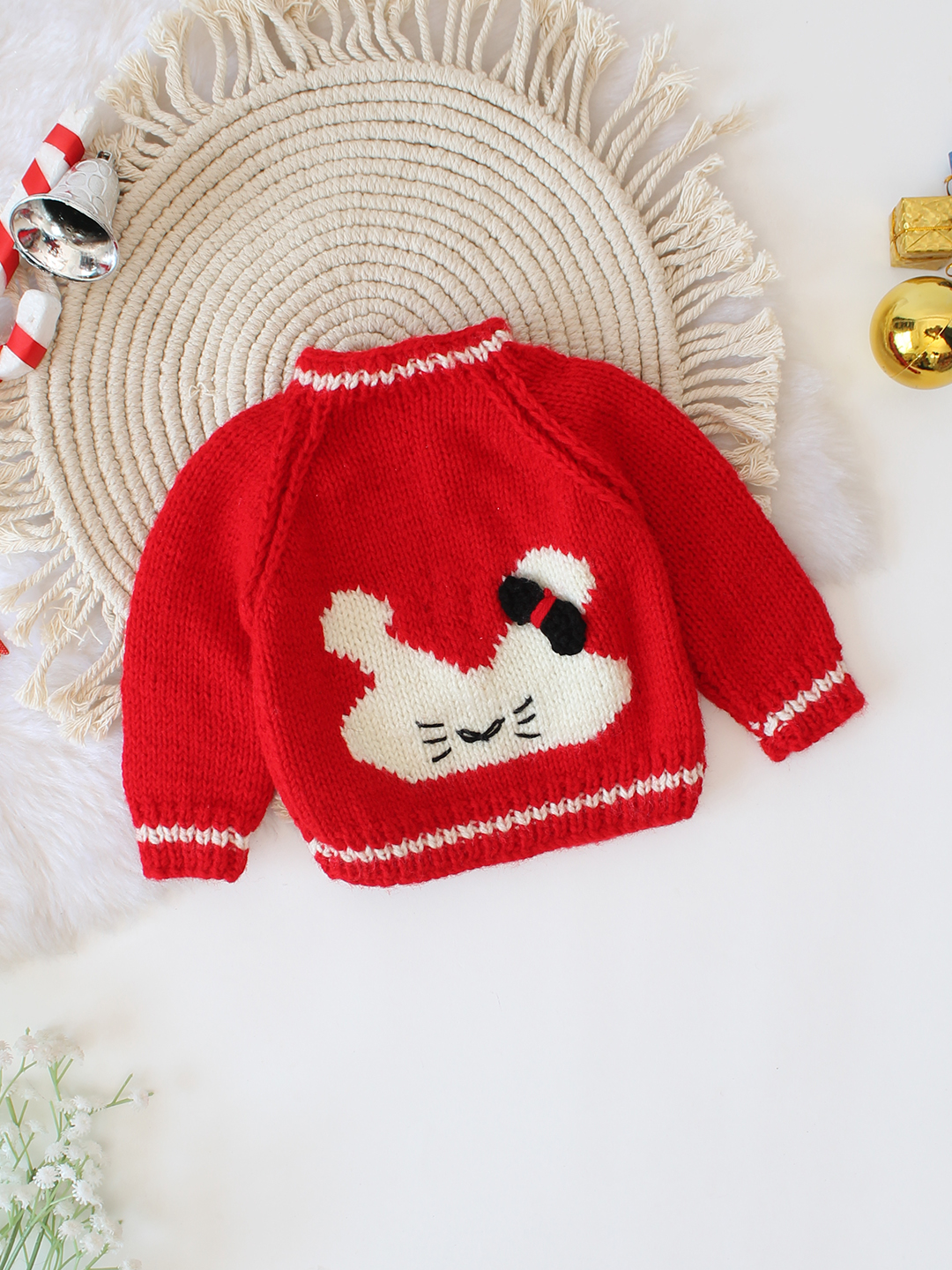 Woonie Handknitted Intarcia Bunny Design Sweater - Red