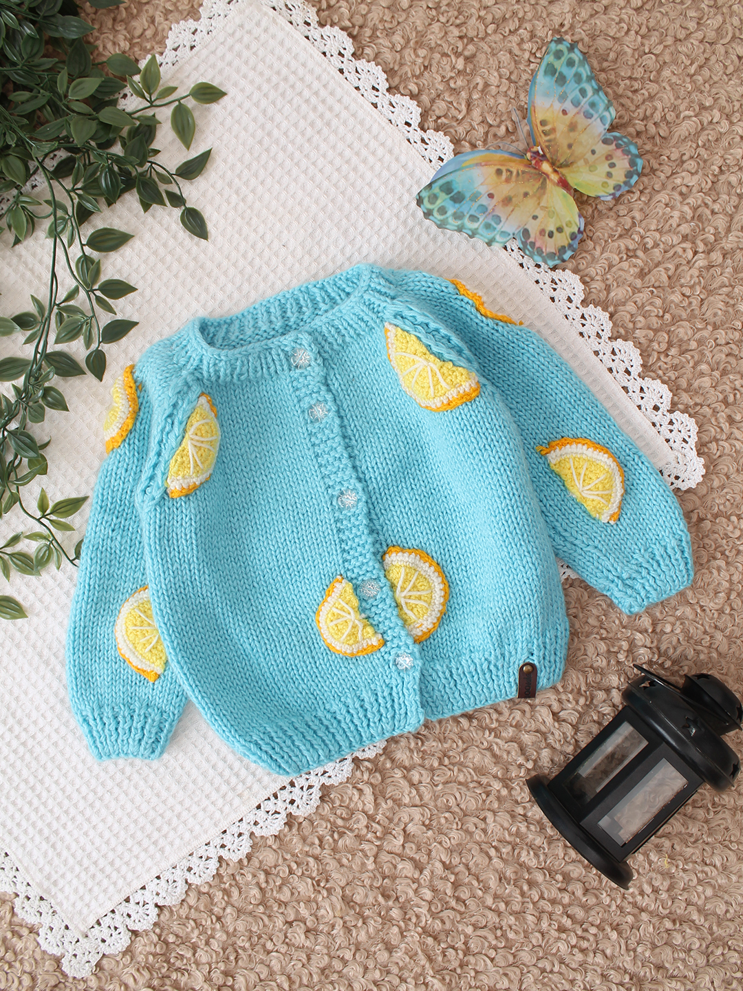 Woonie Handknitted Fruity Applique Cardigan - Blue