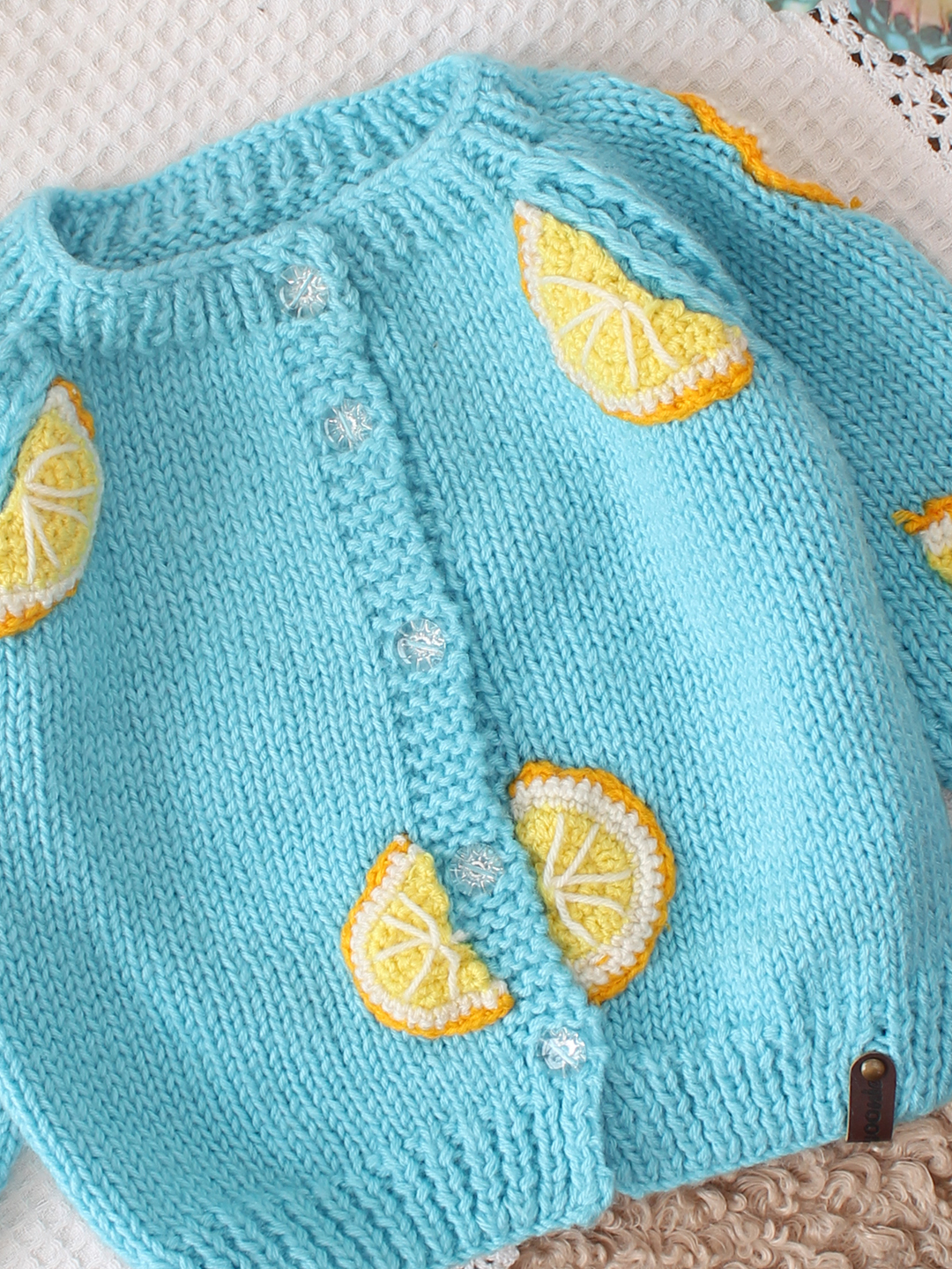 Woonie Handknitted Fruity Applique Cardigan - Blue