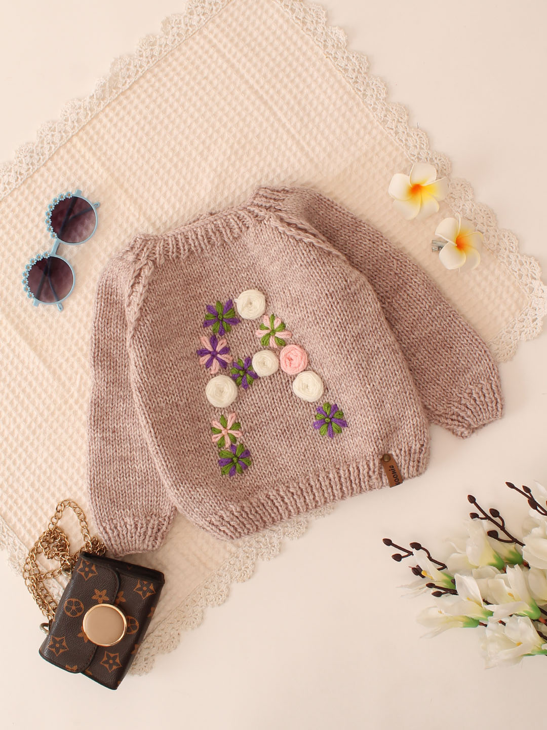 Woonie Handknitted Embroidered A Alphabet Sweater - Beige