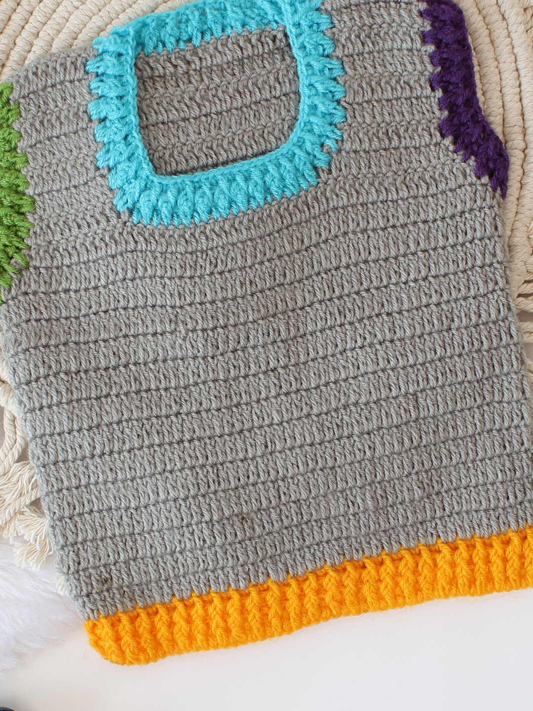 Woonie Crochet Multicolored Border Sweater Vest - Grey