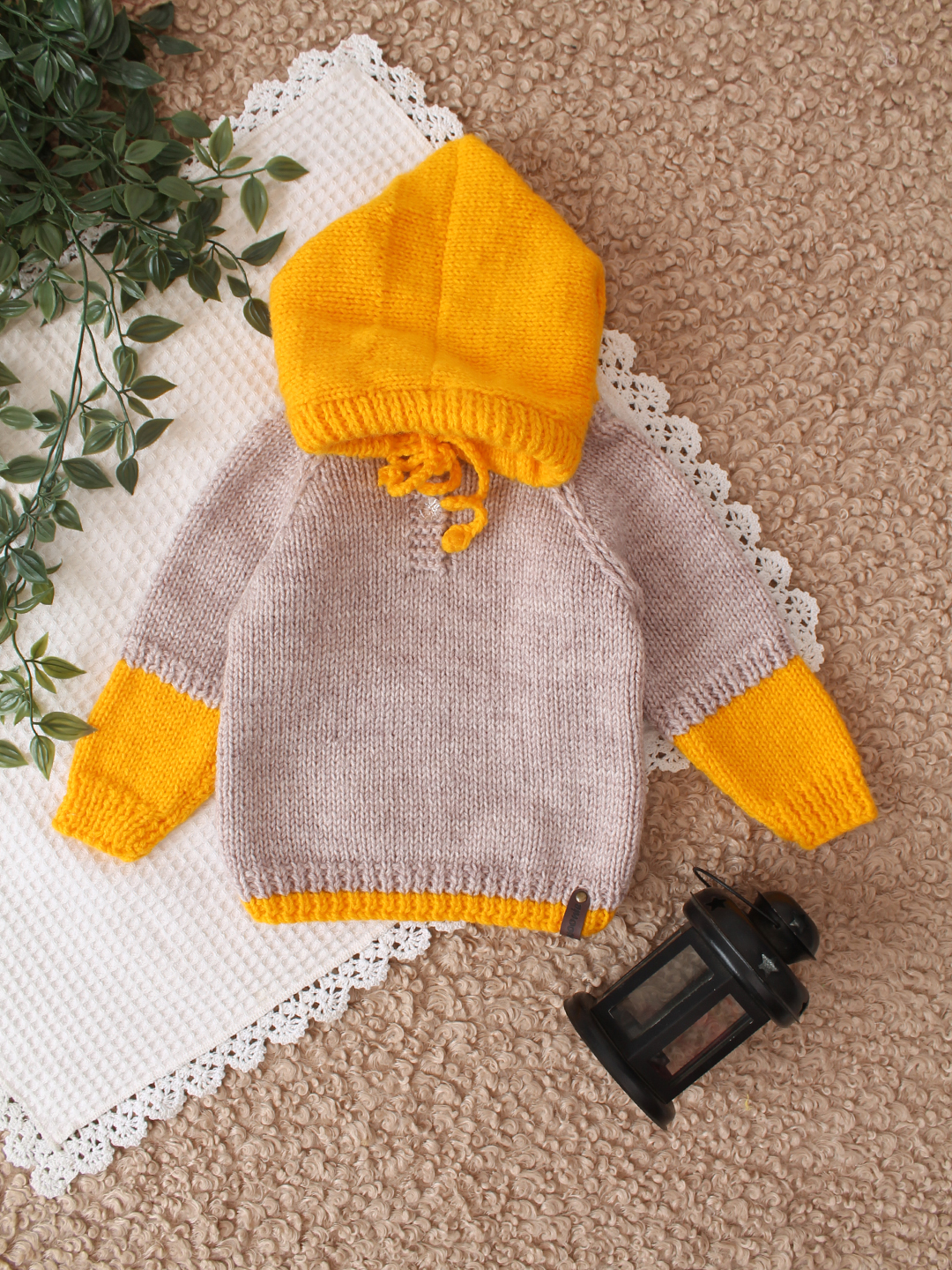 Woonie Handknitted Hooded Colorblocked Sweater - Beige