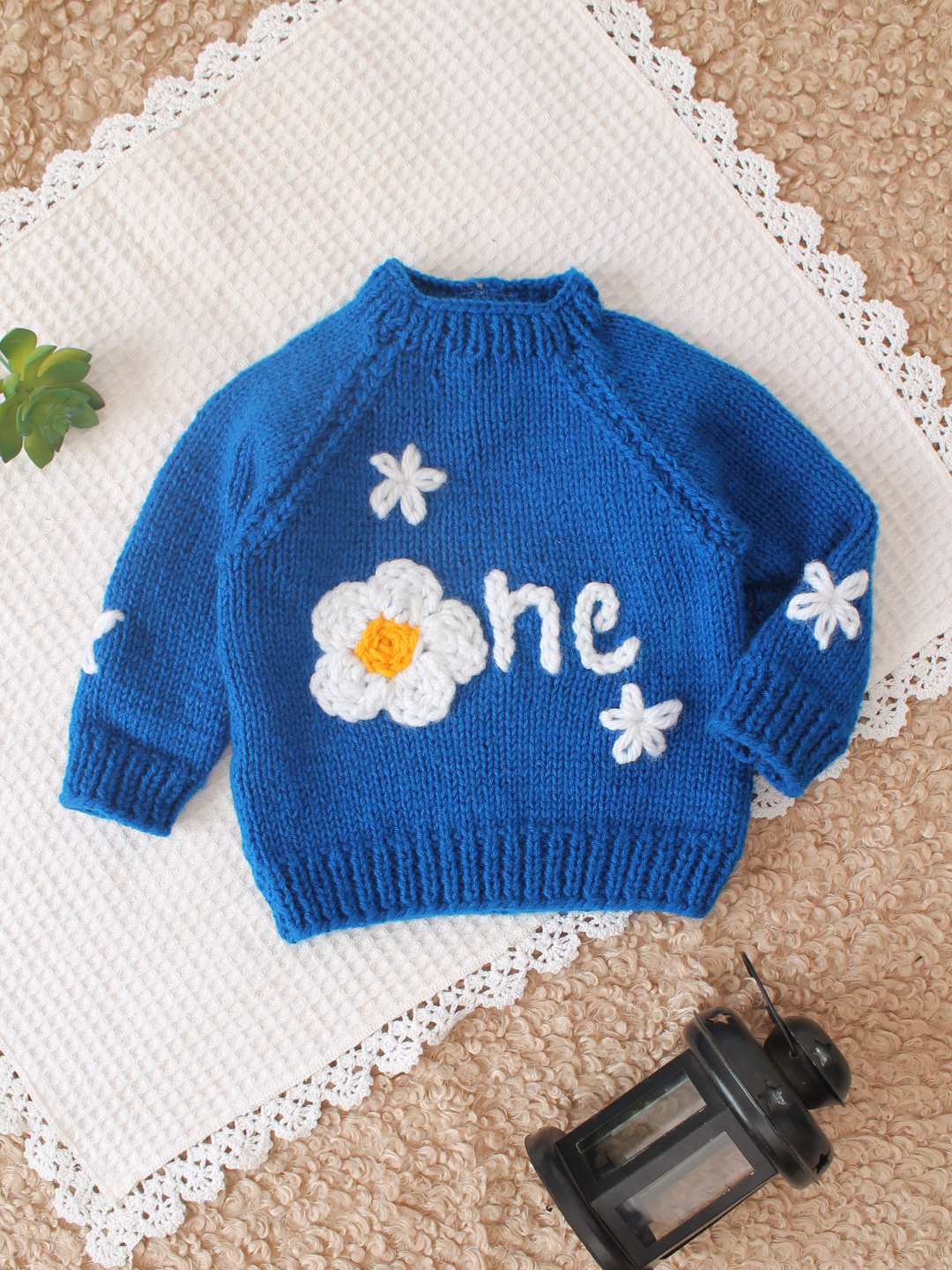 Woonie Handknitted Embroidered One Text Sweater - Blue