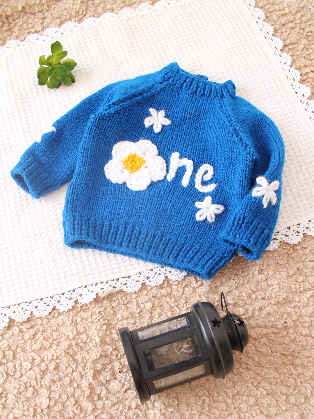 Woonie Handknitted Embroidered One Text Sweater - Blue