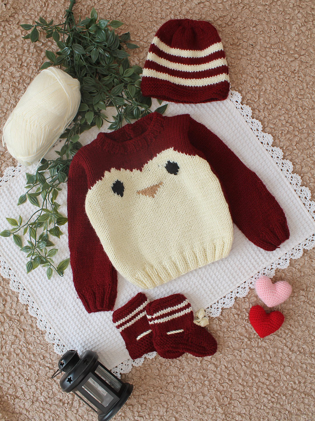 Woonie Handknitted Penguin Design Sweater with Cap and Socks - Maroon