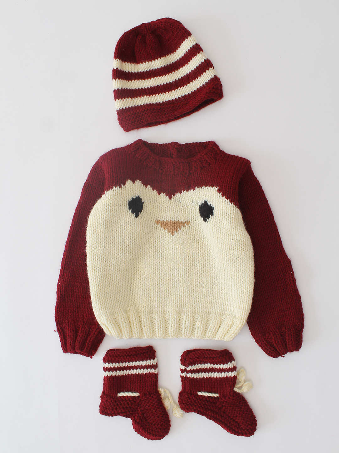 Woonie Handknitted Penguin Design Sweater with Cap and Socks - Maroon