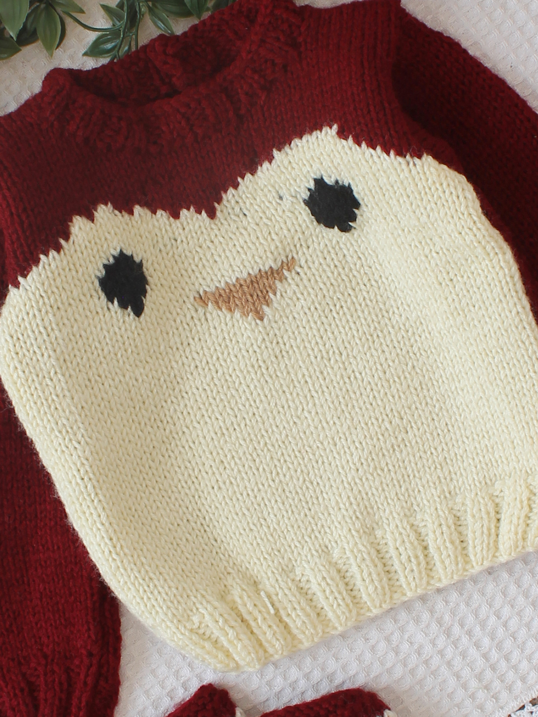 Woonie Handknitted Penguin Design Sweater with Cap and Socks - Maroon