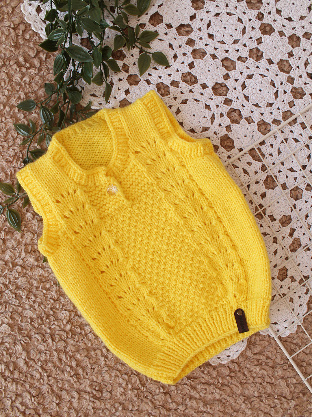 Woonie Handknitted Self Design Sweater Vest - Yellow