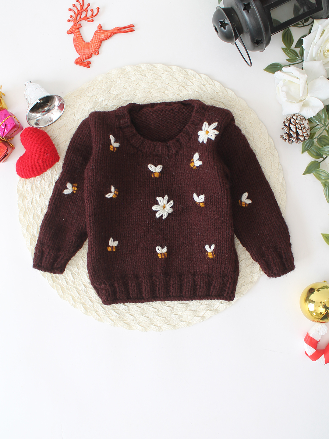 Woonie Handknitted Bee and Flower Embroidered Sweater - Brown