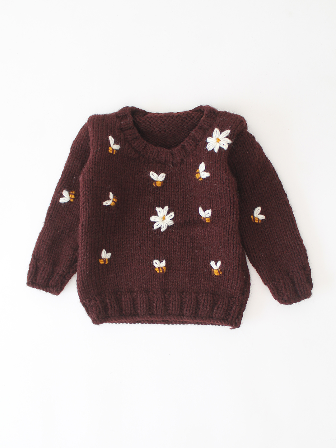 Woonie Handknitted Bee and Flower Embroidered Sweater - Brown
