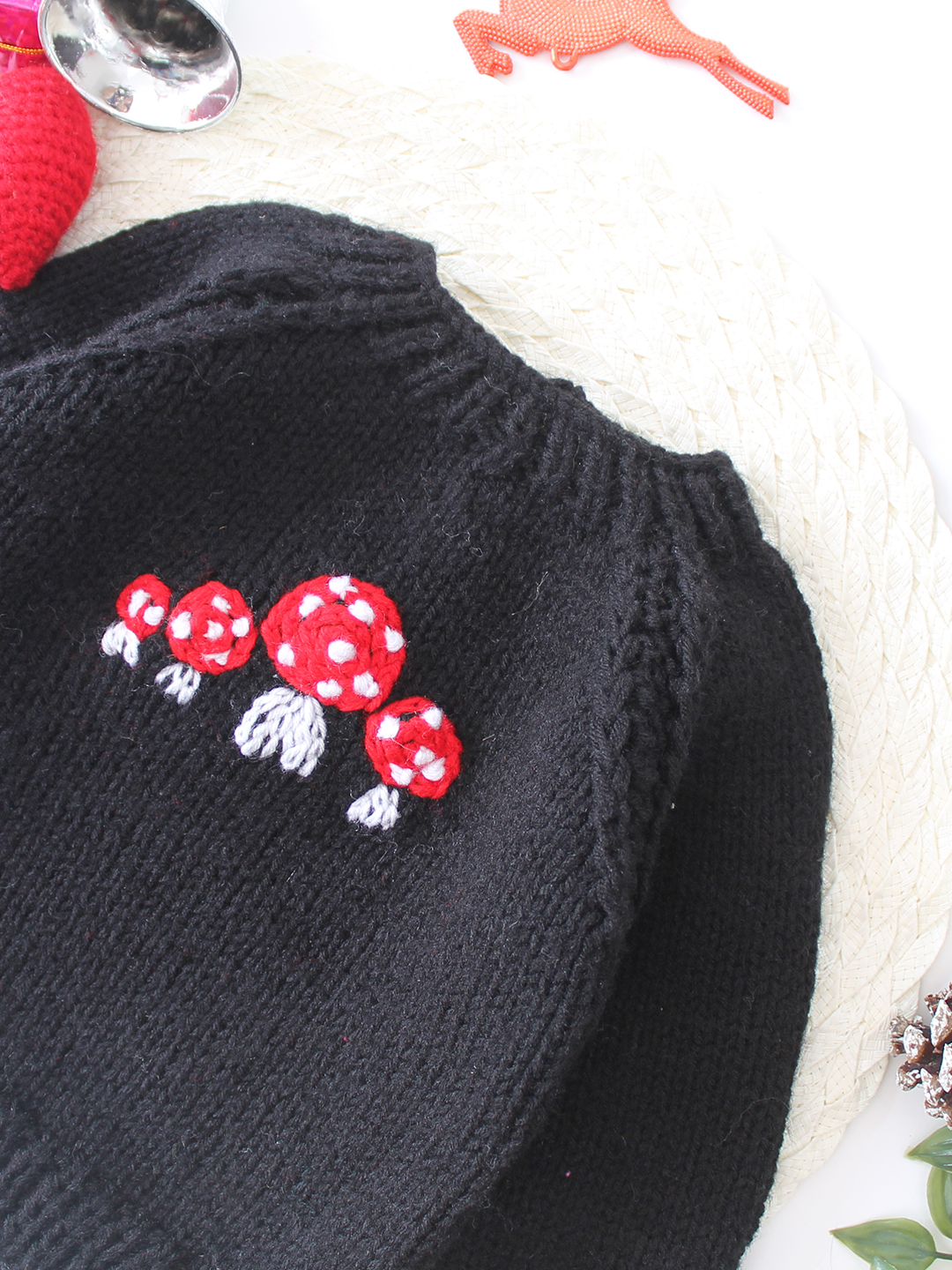 Woonie Handknitted Mushroom Embroidered Sweater - Black