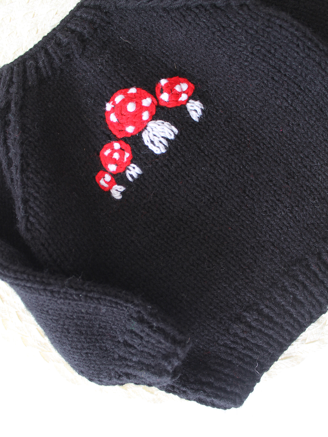 Woonie Handknitted Mushroom Embroidered Sweater - Black