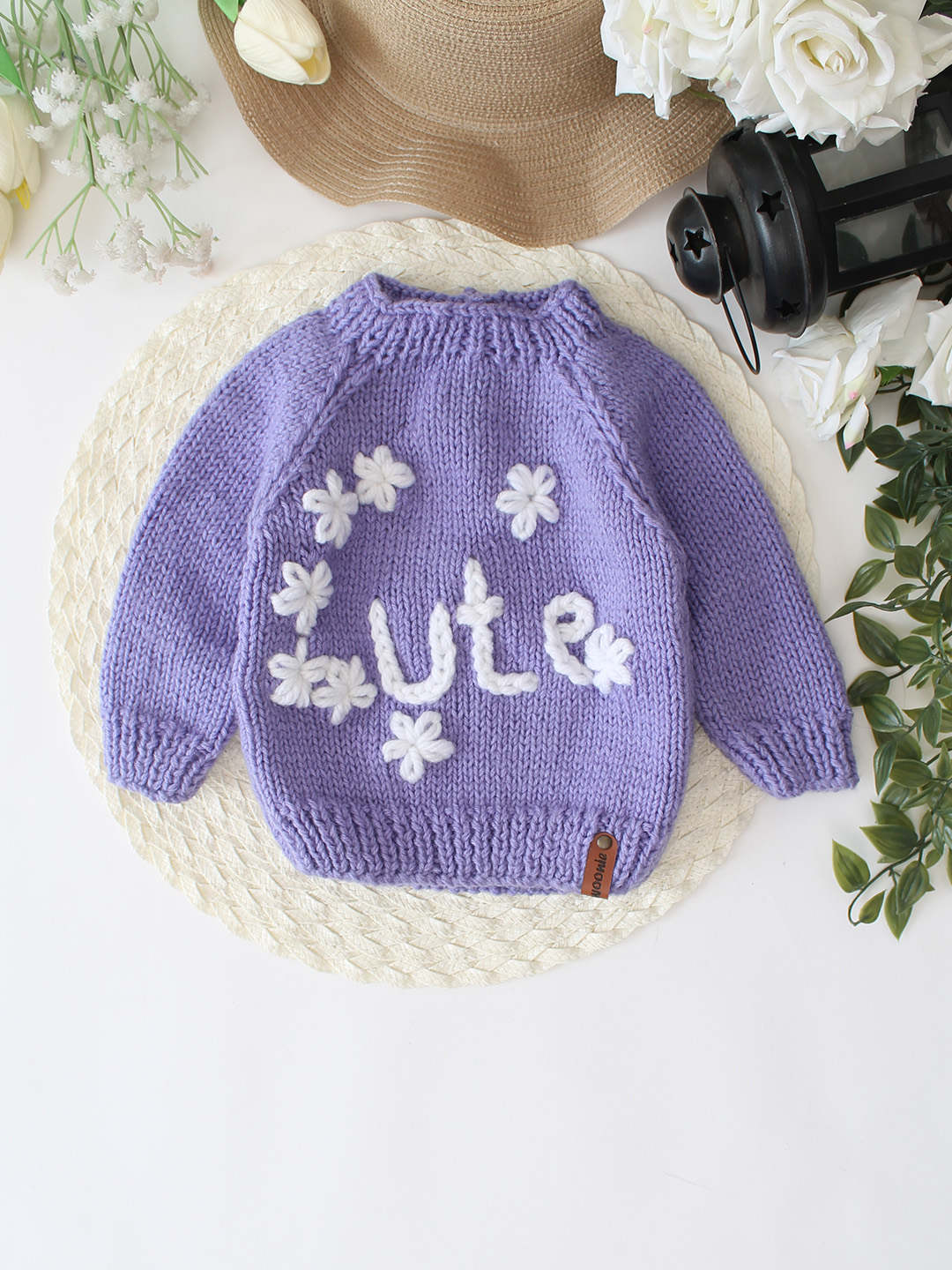 Woonie Handknitted Cute Text Embroidered Sweater - Purple