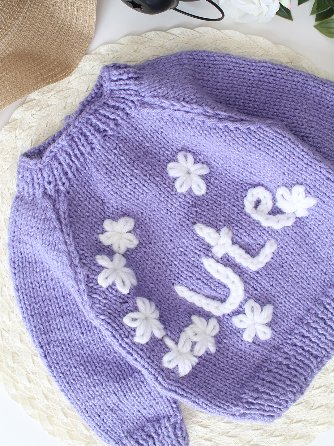 Woonie Handknitted Cute Text Embroidered Sweater - Purple