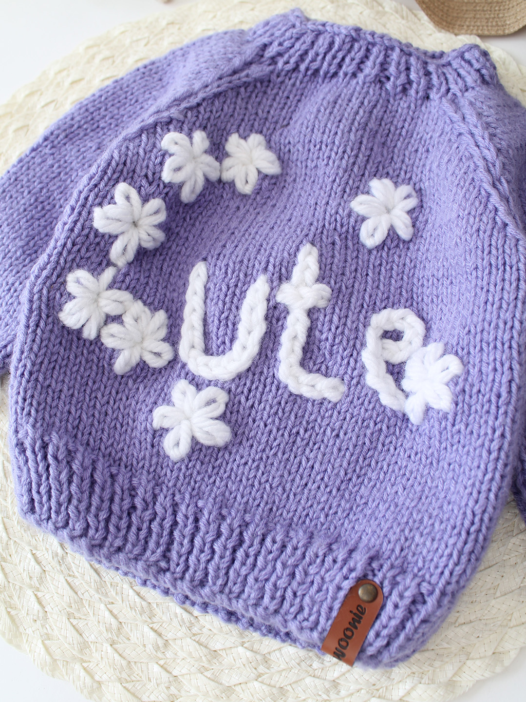 Woonie Handknitted Cute Text Embroidered Sweater - Purple