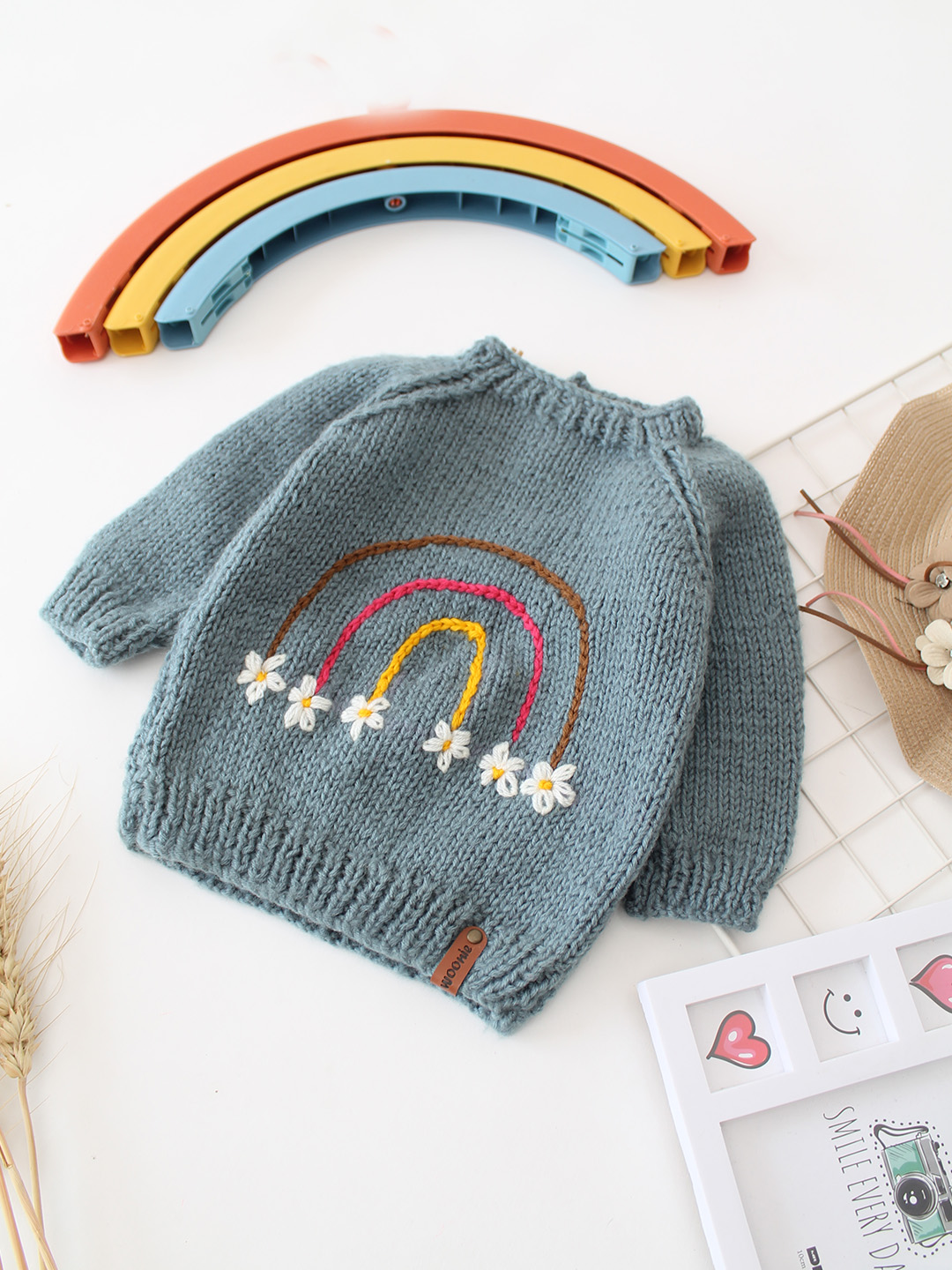 Woonie Handknitted Rainbow Detailed Sweater - Grey