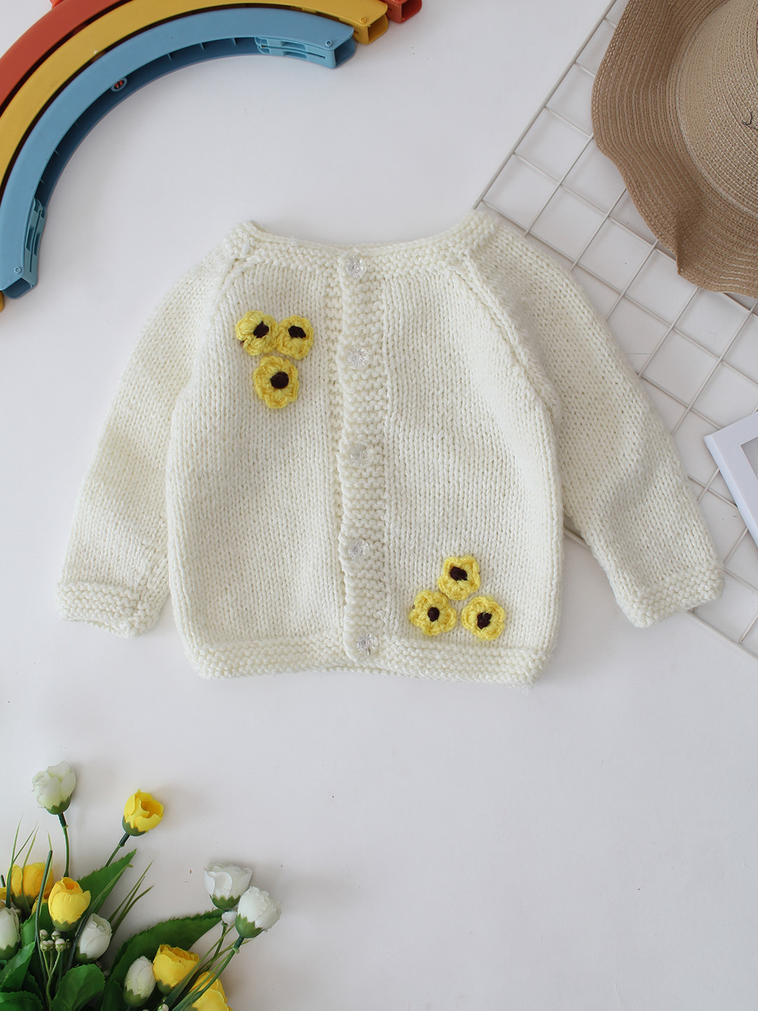 Woonie Handknitted Floral Applique Sweater - Cream